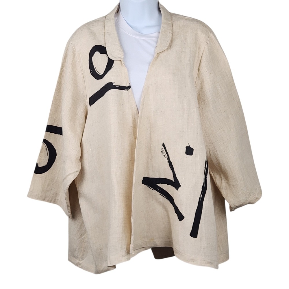AHNI Hand Painted Linen Abstract Graphic Open Front Jacket Sz 3 XL Beige Kimono